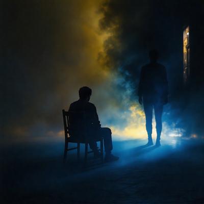The primary subject of the image is a man sitting on a chair in a dark room. The setting appears to be a room with a window, and the visual style is a black and white photo. The dominant colors are black and white, creating a moody atmosphere.